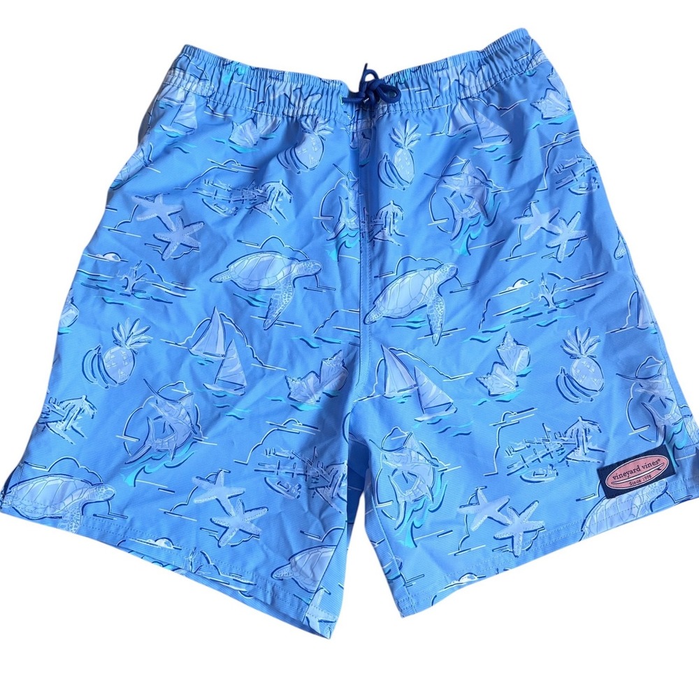 Vineyard Vines Boys Light Blue Sea Turtle Sailboat Swim Trunks Size Large L